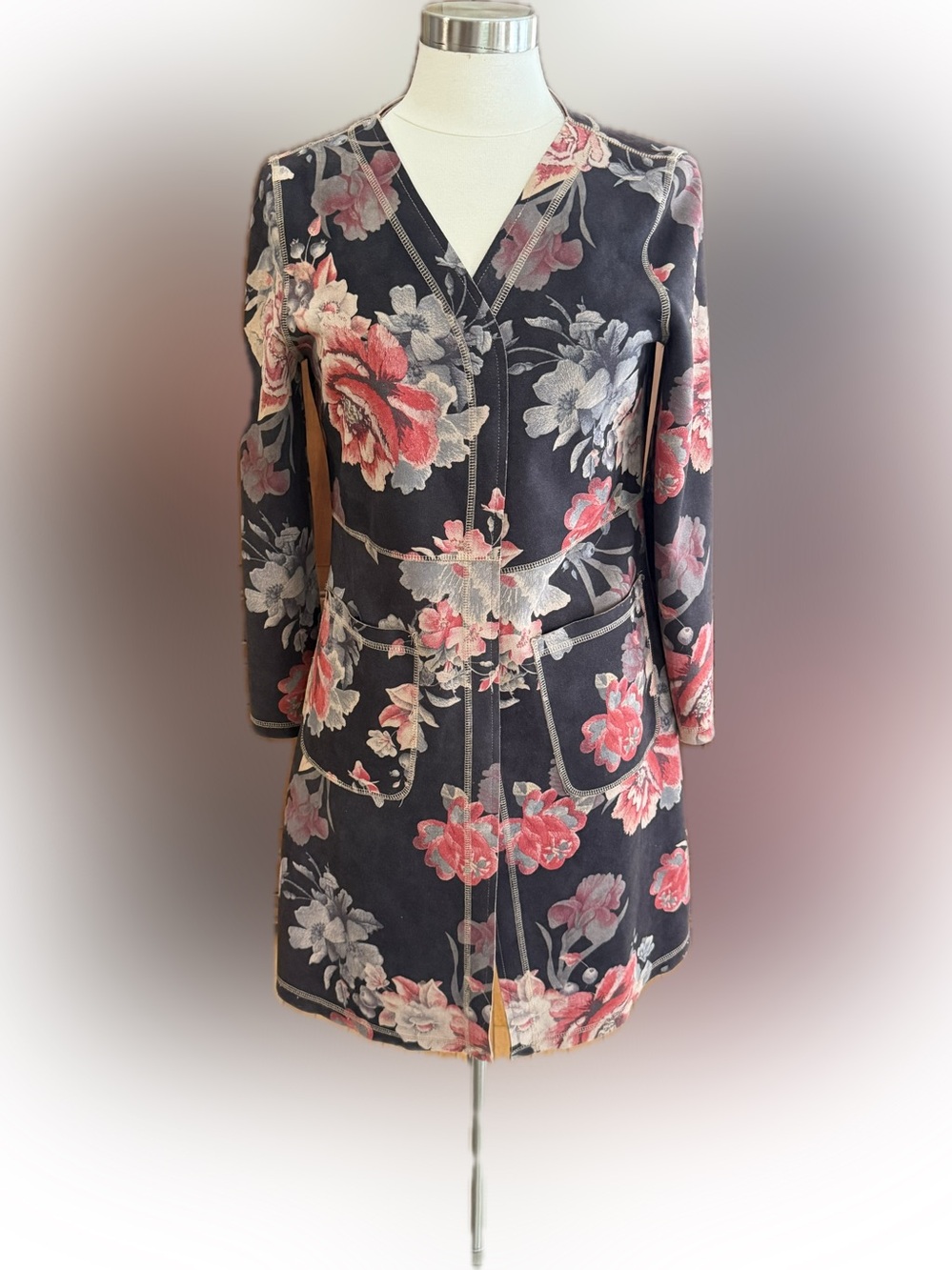 Solitaire Black Floral Long Blazer Jacket with Pink Accents M-L